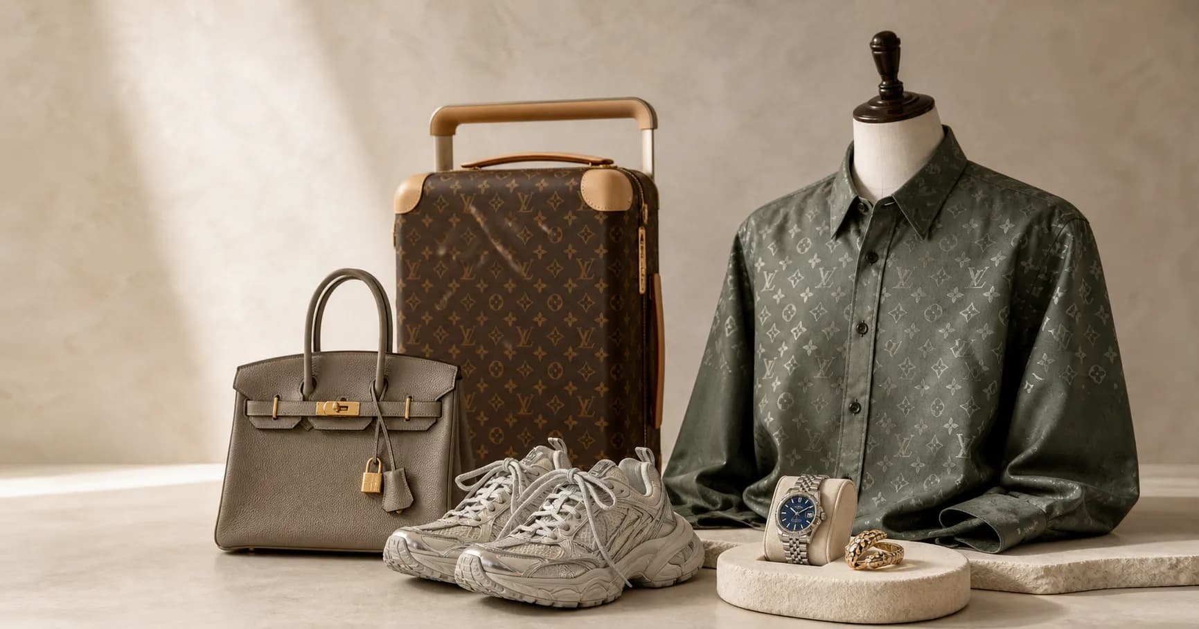 Сумка Birkin, чемодан Louis Vuitton, рубашка, кроссовки и часы на каменном подиуме