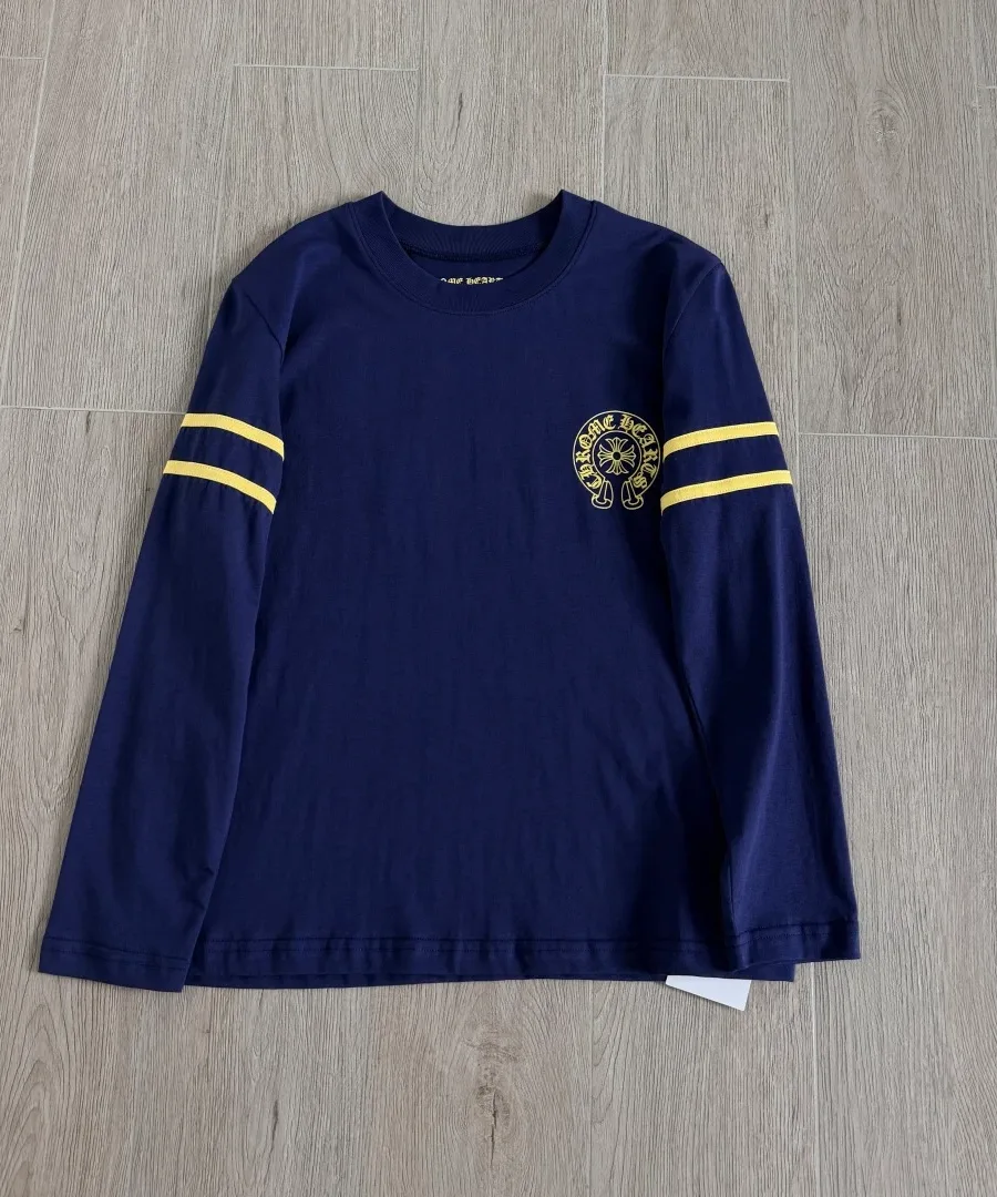 Синий лонгслив Chrome Hearts с желтым принтом, вид спереди