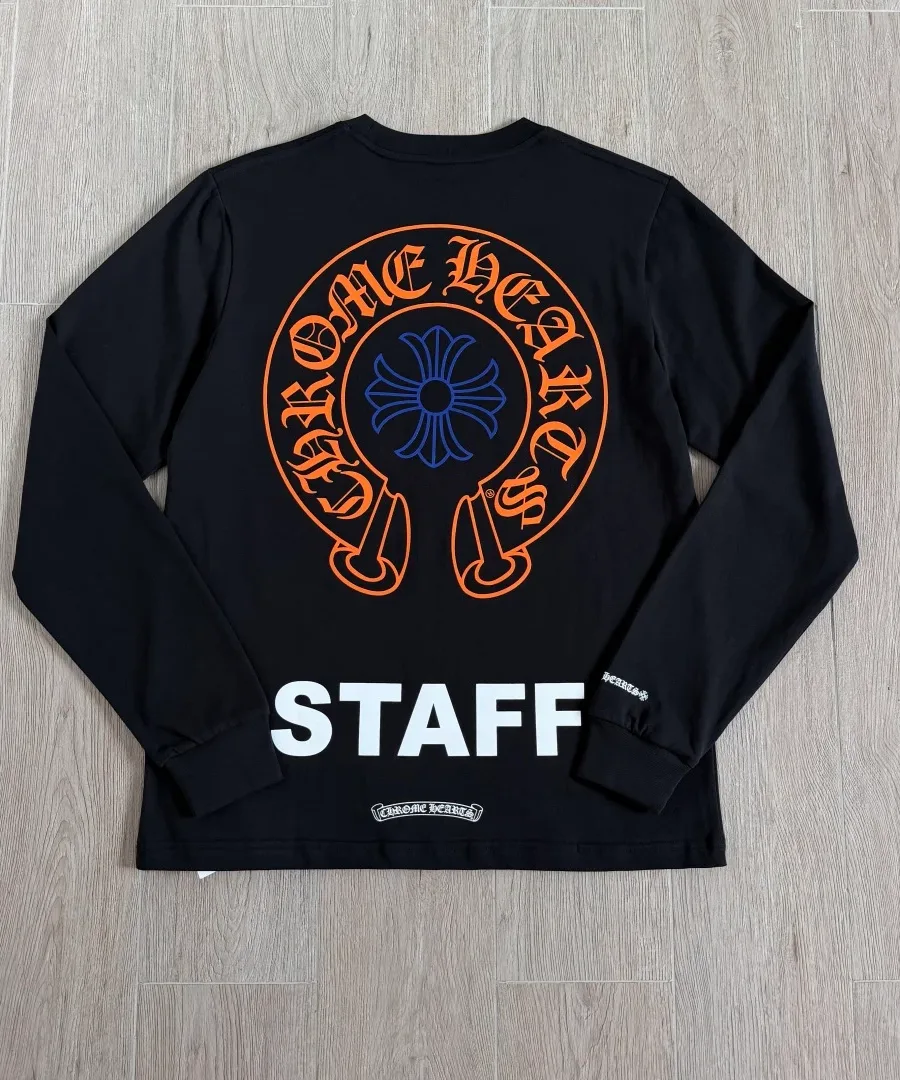 Черный лонгслив Chrome Hearts STAFF, вид сзади с принтом