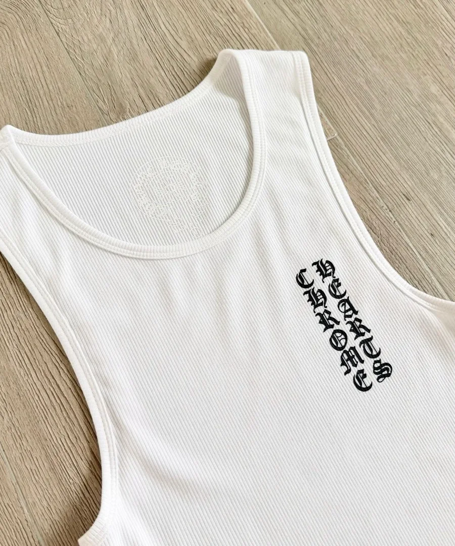 Круглый вырез белого платья-майки Chrome Hearts с принтом на груди