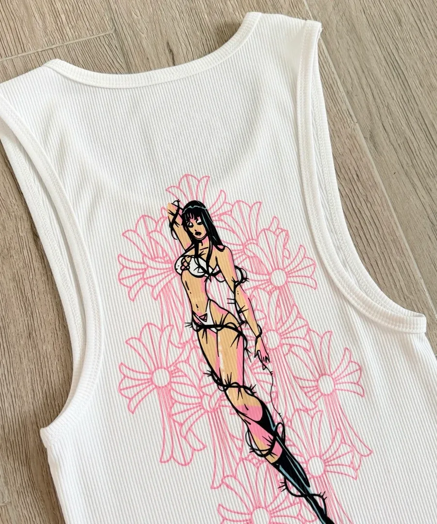 Белое платье-майка Chrome Hearts Deadly Doll, вид сзади в полный рост