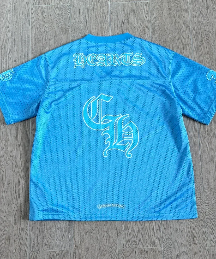 Голубая сетчатая футболка-джерси Chrome Hearts, вид сзади