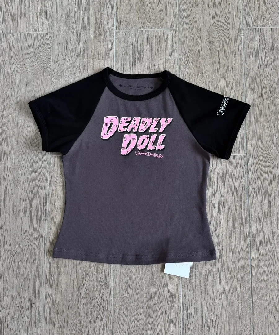 Серо-черный женский топ-футболка Chrome Hearts x Deadly Doll, вид спереди