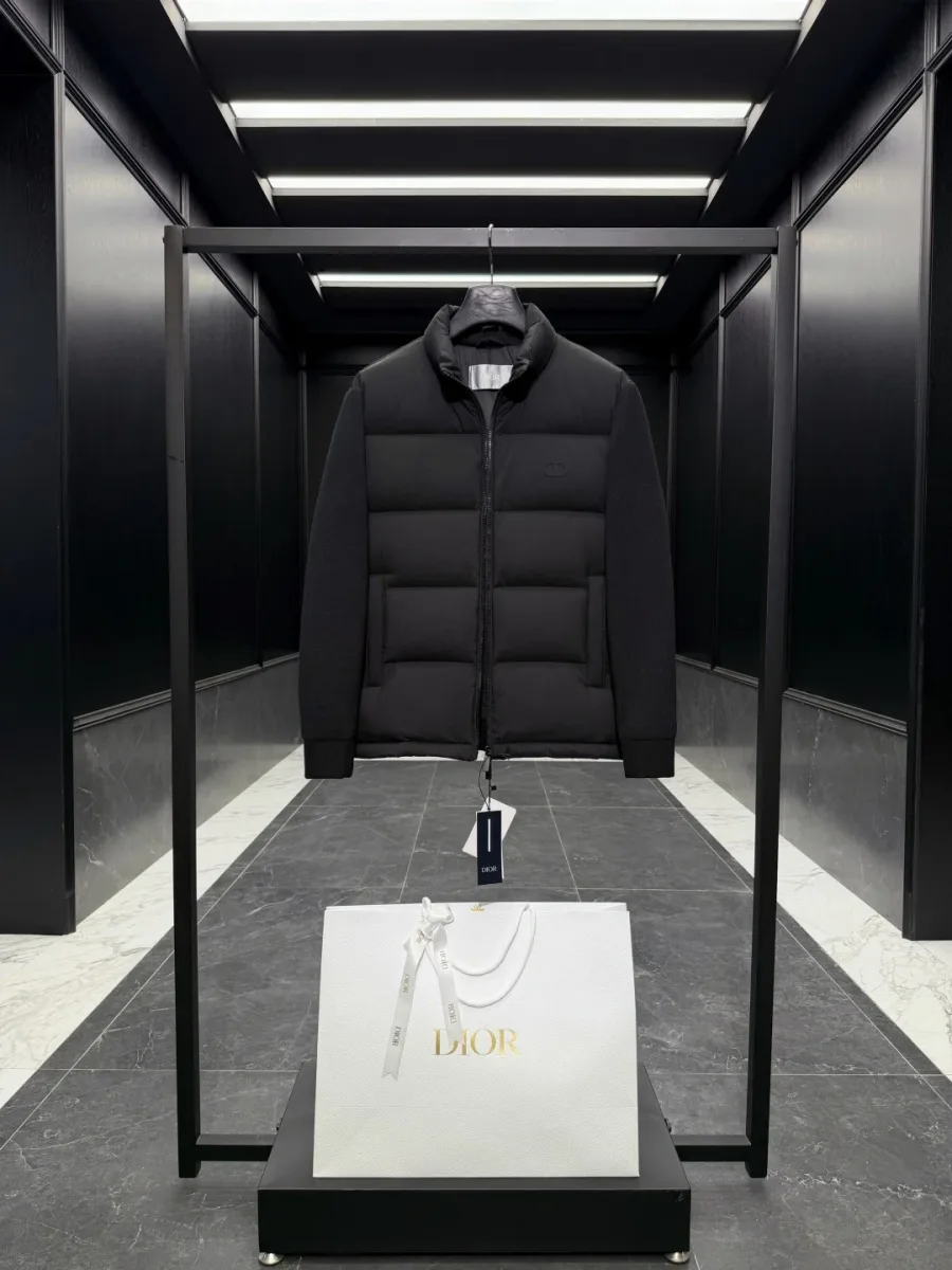 Мужской пуховик Dior чёрного цвета в демонстрационном стенде