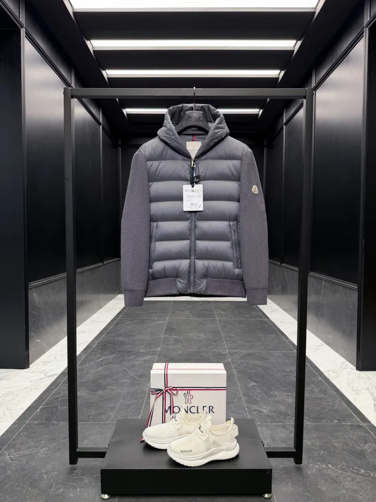 Moncler Серый комбинированный кардиган с пуховым передом и капюшоном