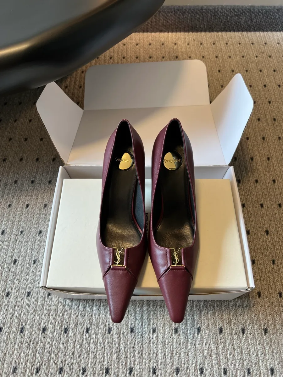 Бордовые кожаные туфли-лодочки Saint Laurent с острым мысом в коробке, вид сверху