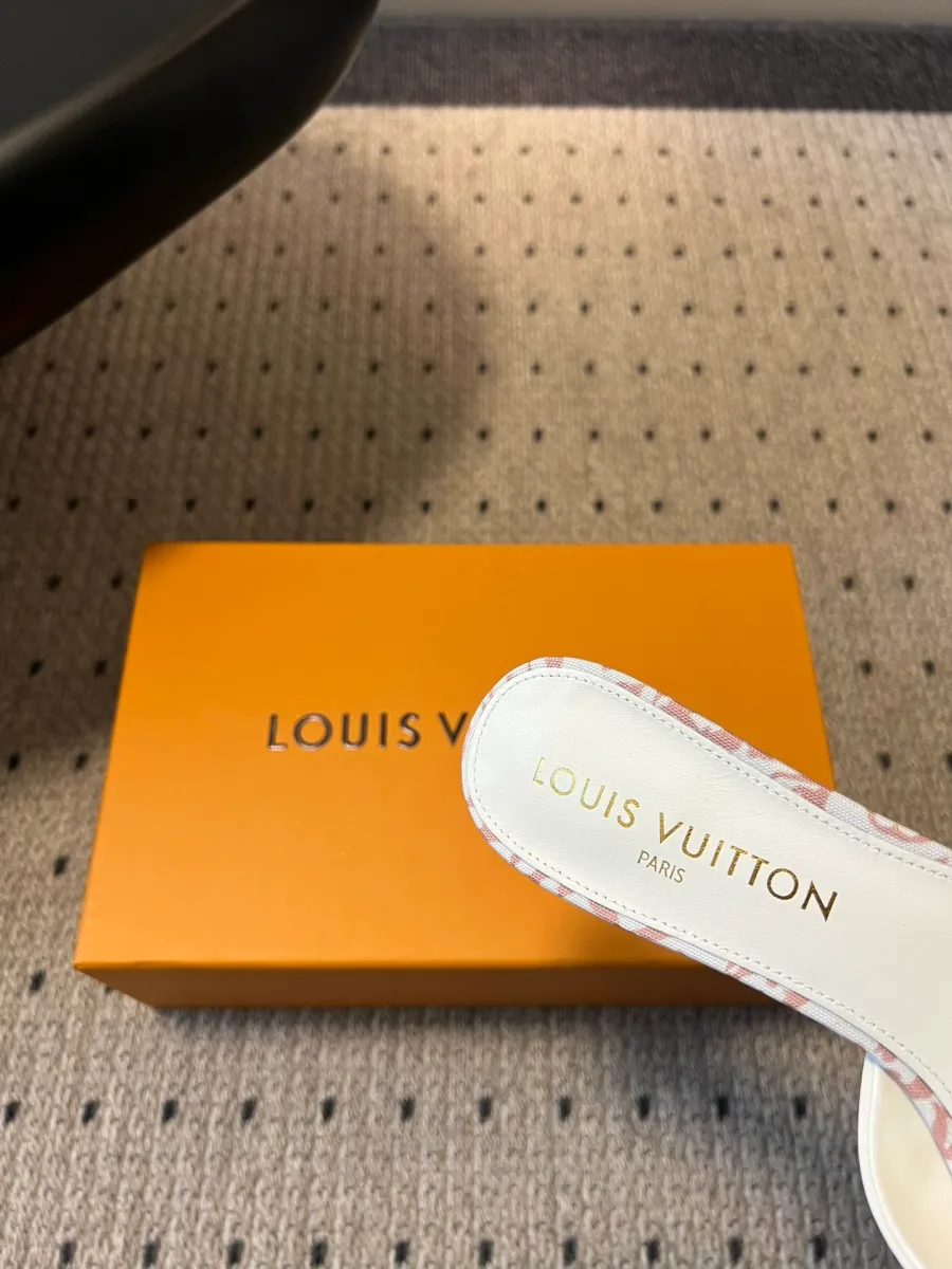 Крупный план стельки с тиснением названия бренда Louis Vuitton Paris