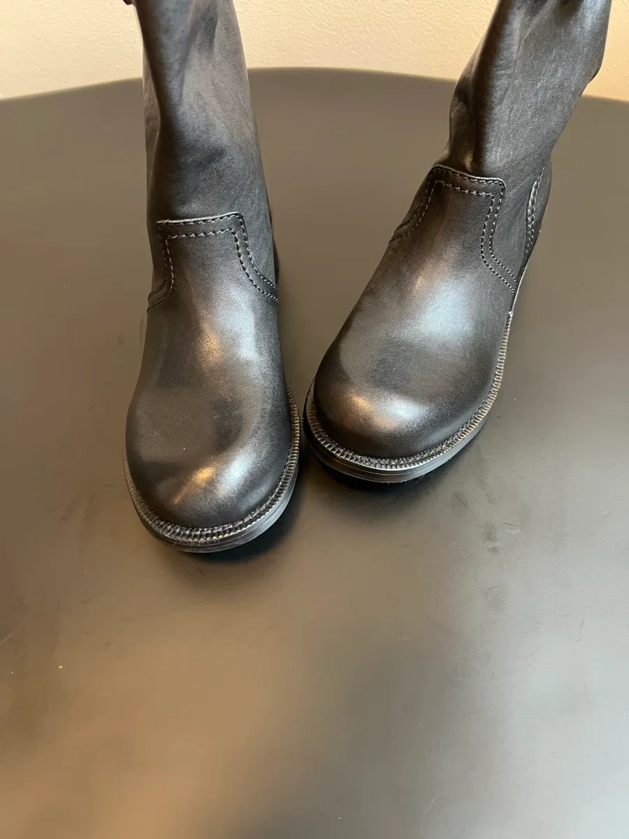 Носочная часть пары чёрных кожаных сапог, вид сверху
