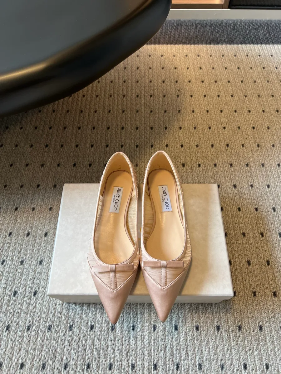 Бежевые остроносые балетки Jimmy Choo с бантом и драпировкой, вид сверху на коробке