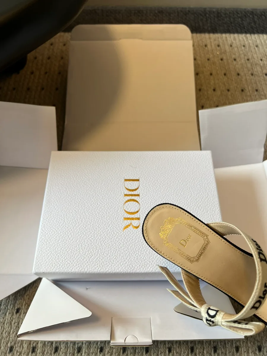 Крупный план бежевой кожаной стельки с тисненым золотистым логотипом Dior