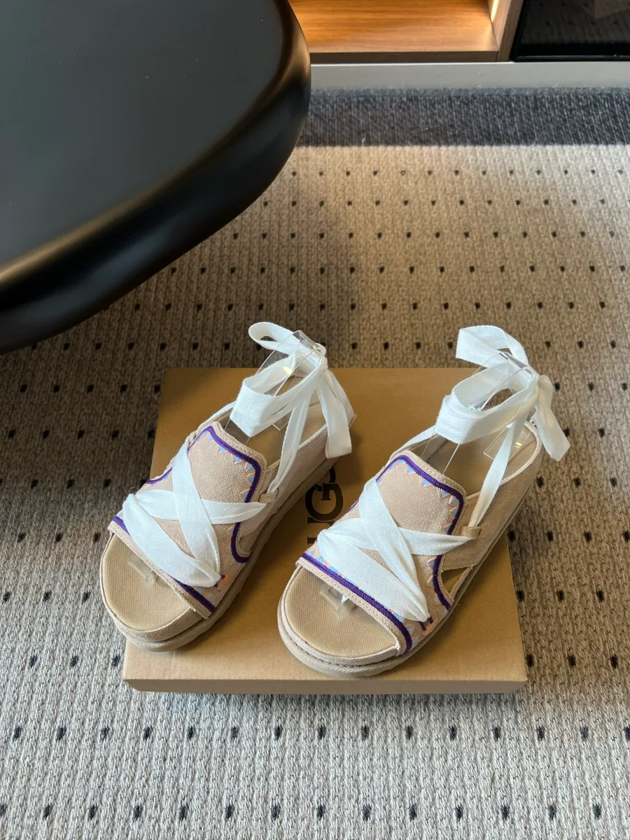 Босоножки UGG из замши с белыми лентами на коробке, ракурс три четверти