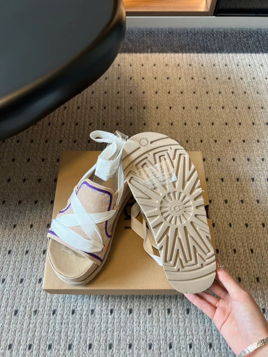 Пара босоножек UGG: вид сверху и рельефная подошва снизу
