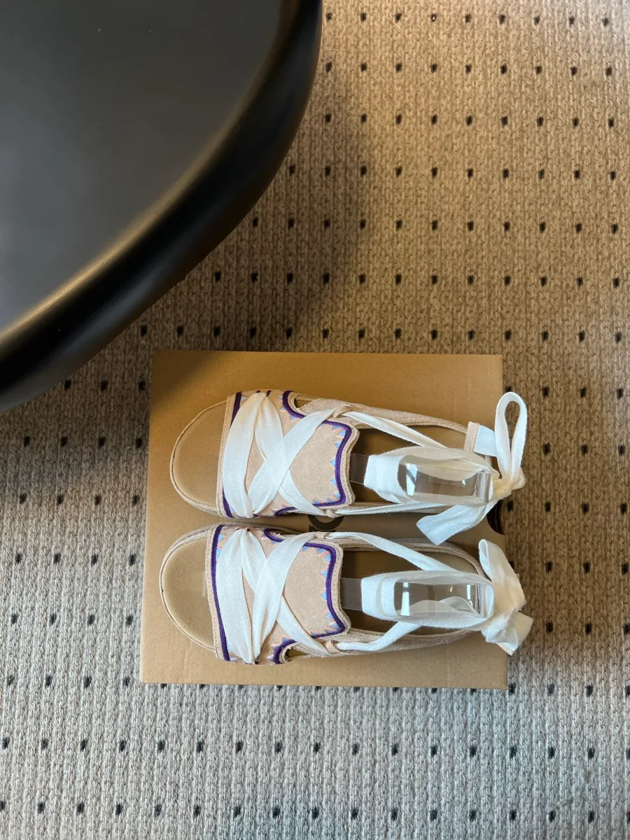 Вид сверху на пару босоножек UGG с белыми лентами и открытым мысом