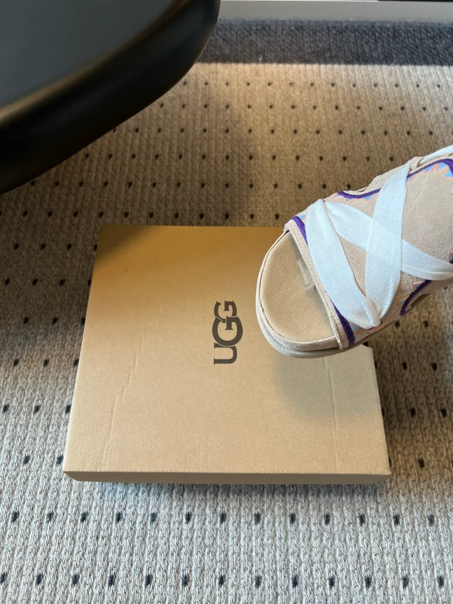 Крупный план открытого мыска босоножка UGG с лентами и кантом