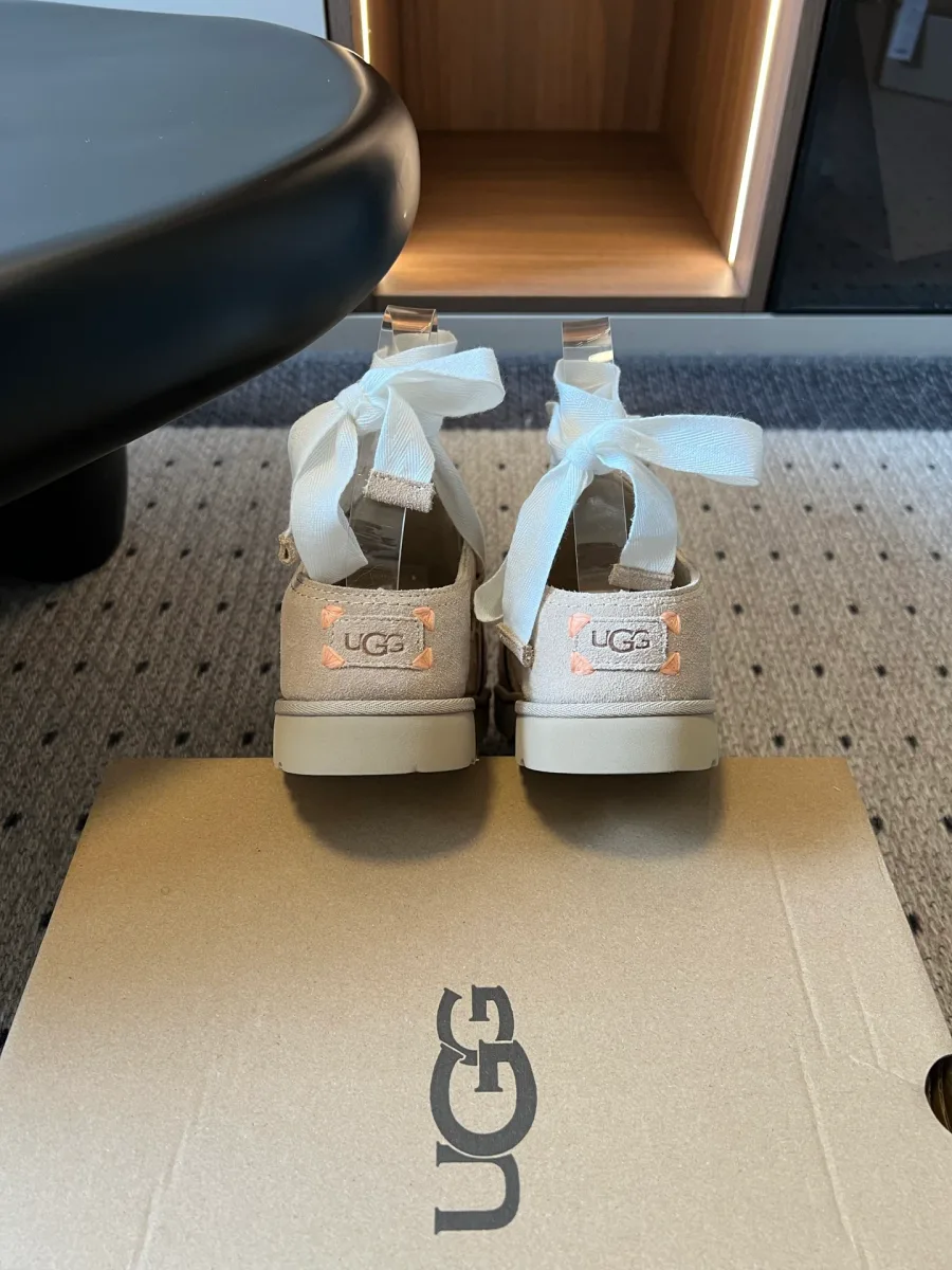 Вид сзади на пару босоножек UGG с нашивками бренда на пятках