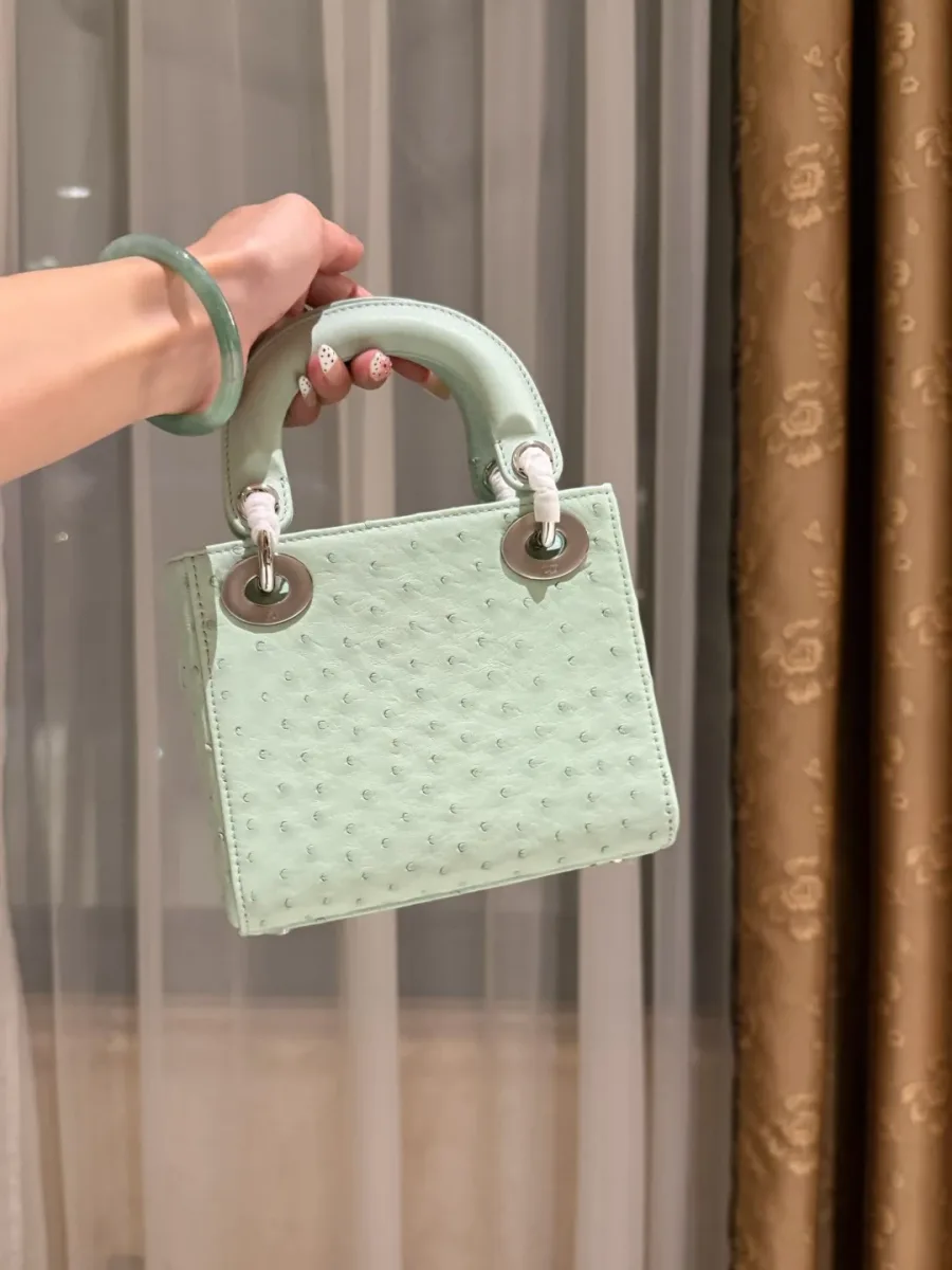 Задняя сторона мятно-зелёной сумки Lady Dior с двумя ручками
