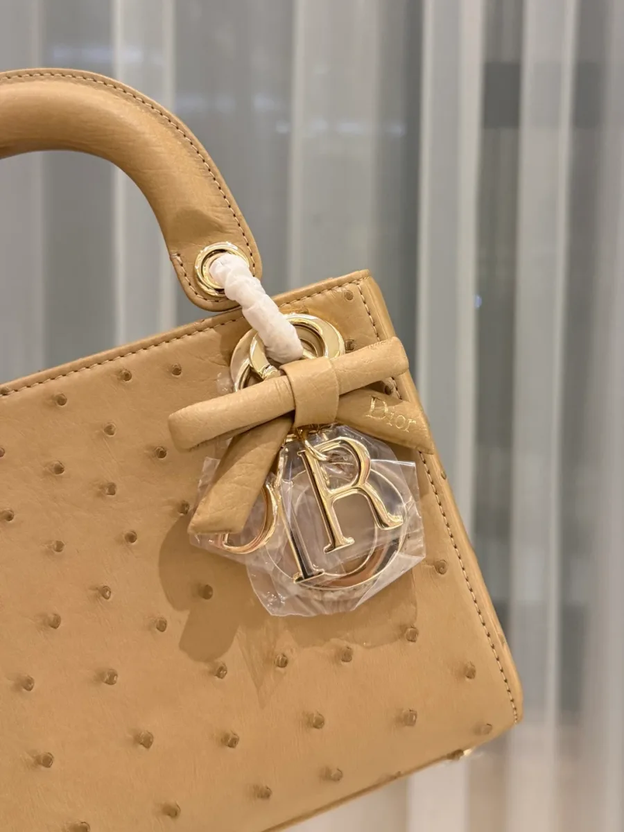 Крупный план сумки Lady Dior: кожаный бант и золотистый шарм-буквы