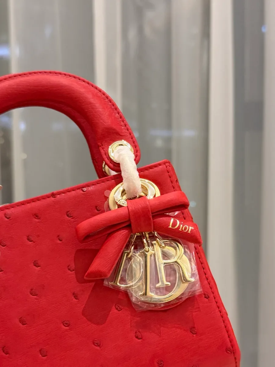 Деталь сумки Lady Dior: металлические шармы-буквы с красным бантом и крепление ручки