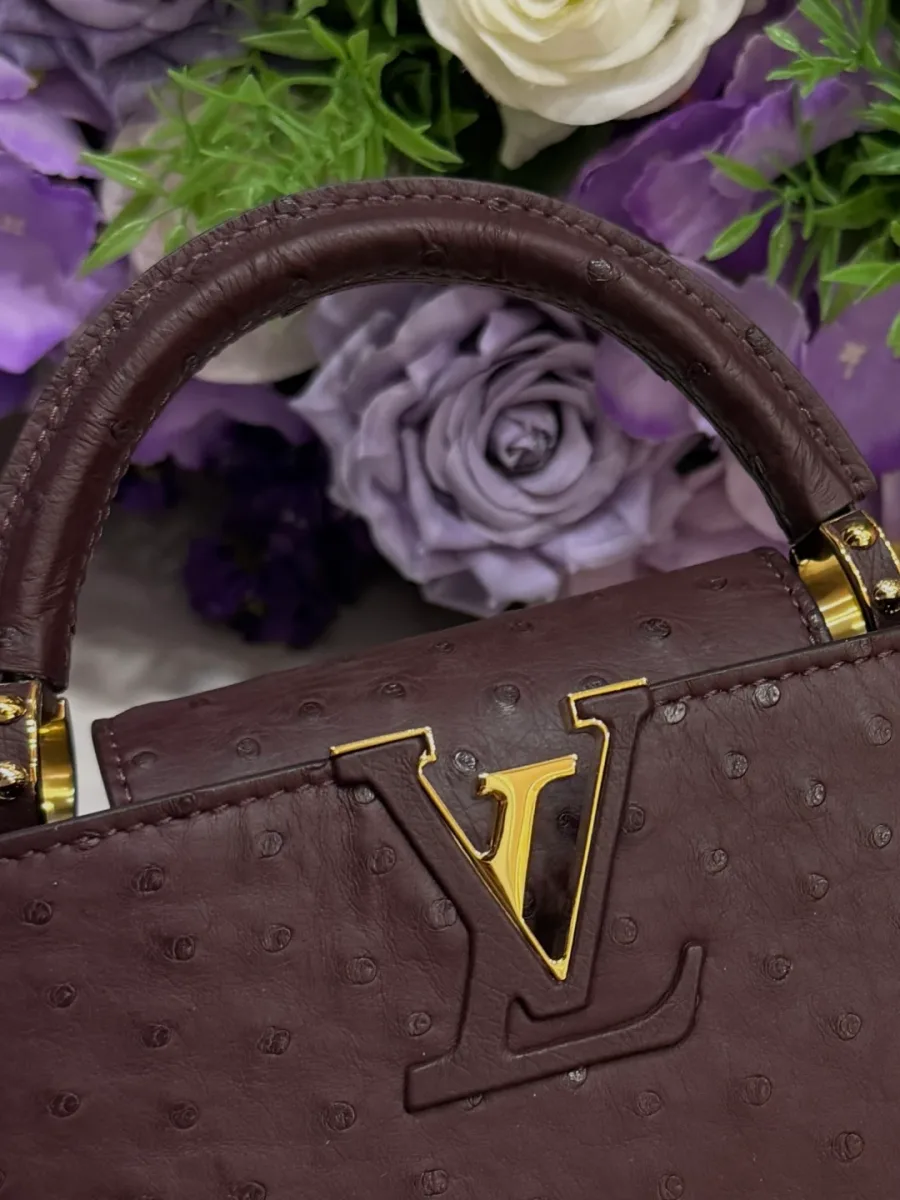 Крупный план золотистой монограммы LV и верхней ручки бордовой сумки