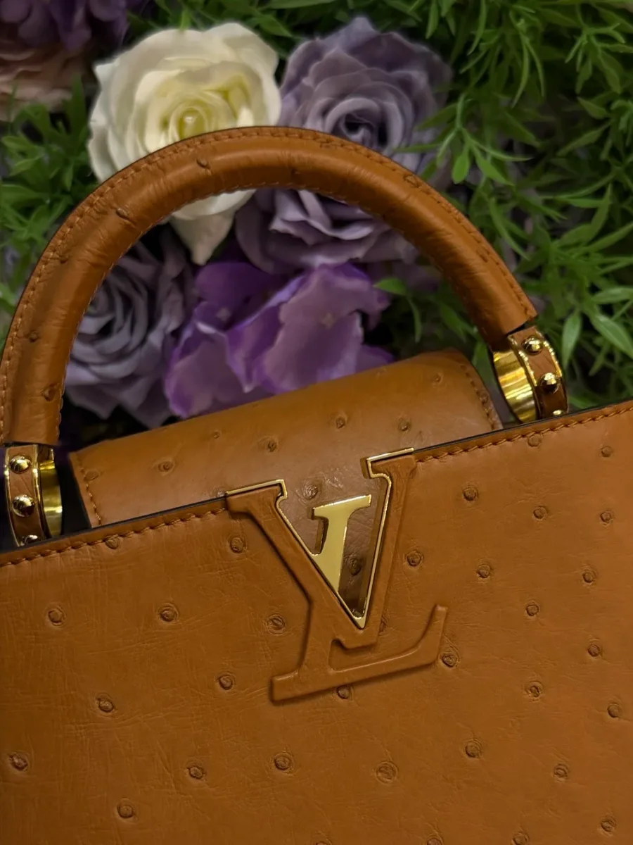 Крупный план золотистой монограммы LV с кожаной отделкой и верхней ручки