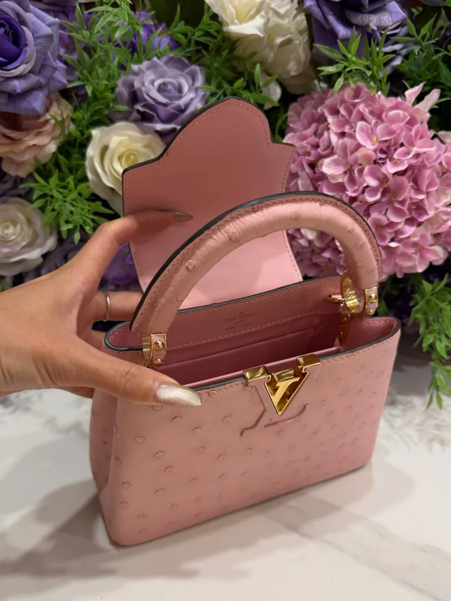 Внутреннее отделение и открытый клапан розовой сумки Capucines BB