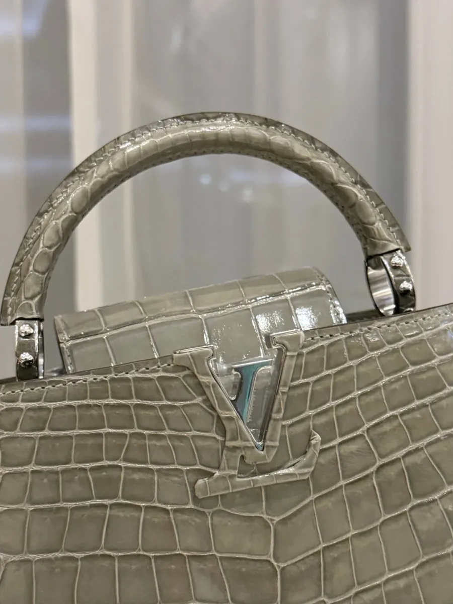 Крупный план ручки и металлической эмблемы LV с отделкой из кожи
