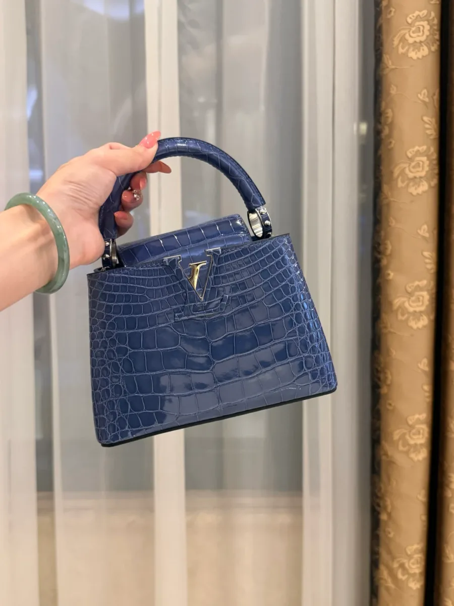 Синяя сумка Capucines BB из кожи крокодила, вид спереди