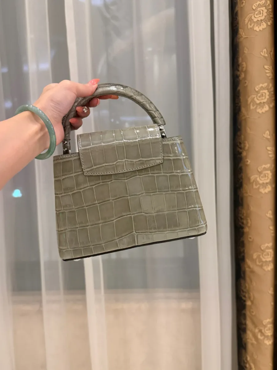 Серая сумка Capucines BB, вид сзади с опущенным клапаном