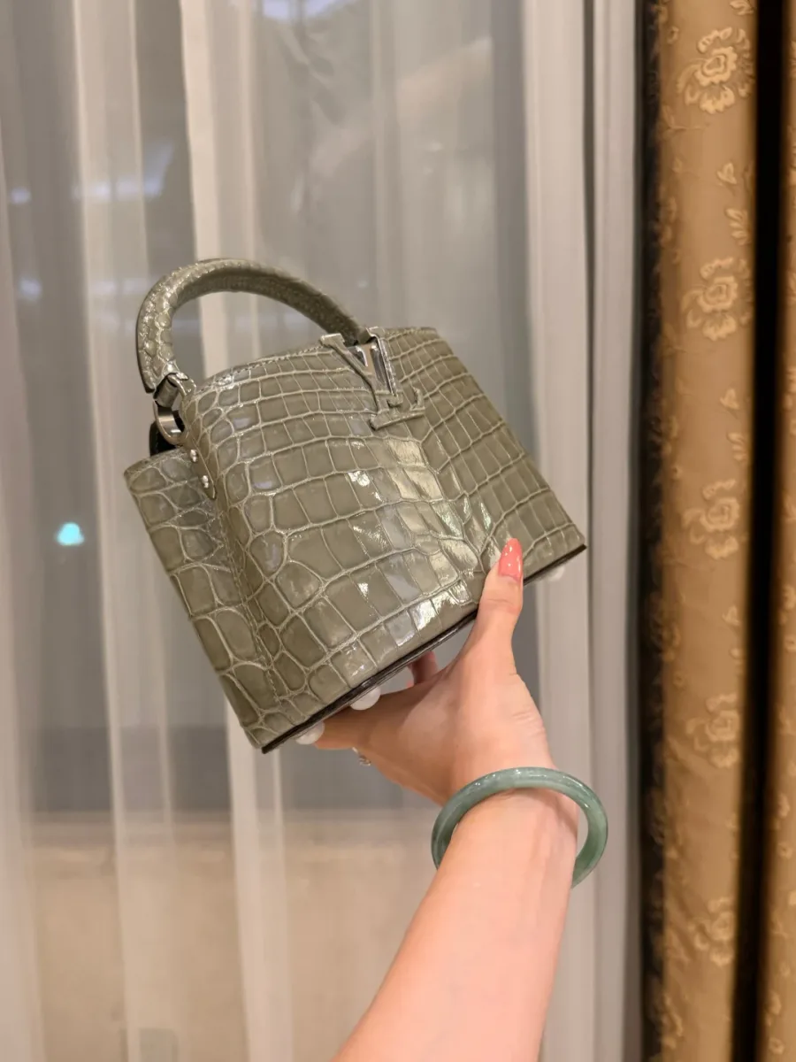 Серая сумка Capucines BB, ракурс в три четверти в руке