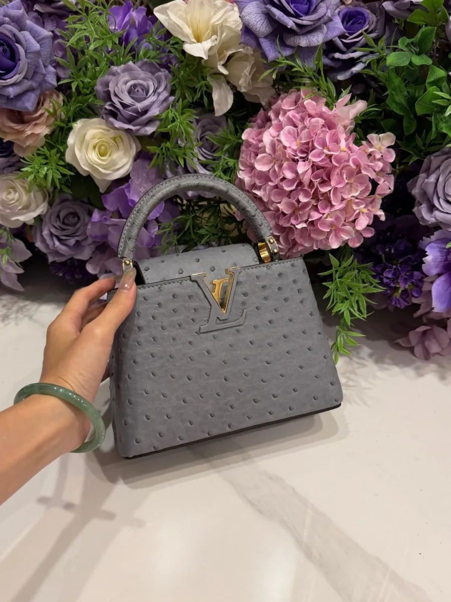 Серая сумка Capucines BB в руке, демонстрация пропорций и силуэта