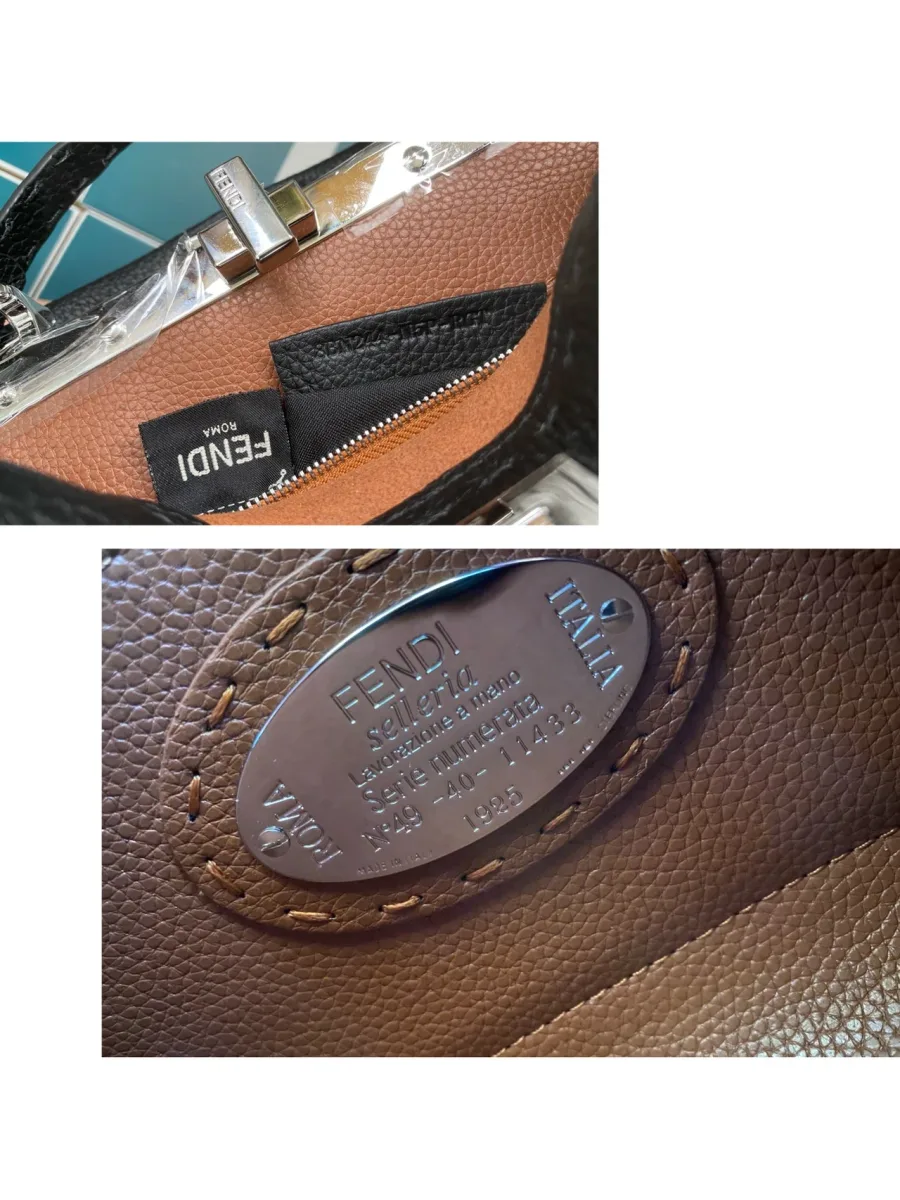 Металлическая овальная пластина с гравировкой Fendi внутри сумки