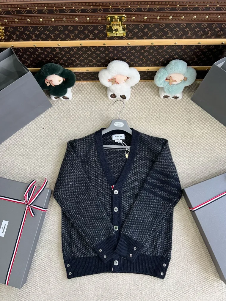 Thom Browne Тёмно-синий кардиган фактурной вязки с полосками 4-Bar
