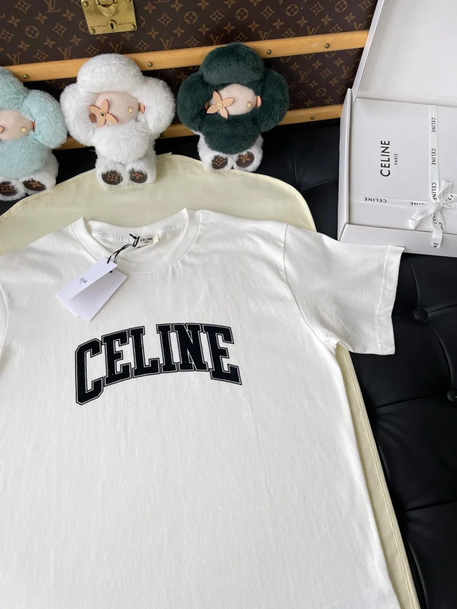 Белая хлопковая футболка с круглым вырезом и логотипом Celine