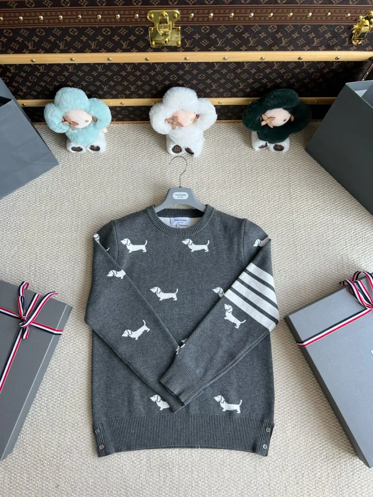 Thom Browne Серый хлопковый джемпер с узором Hector и полосками 4-Bar