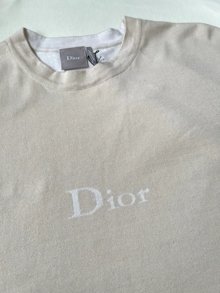 Вышитый логотип Dior на груди бежевой футболки крупным планом