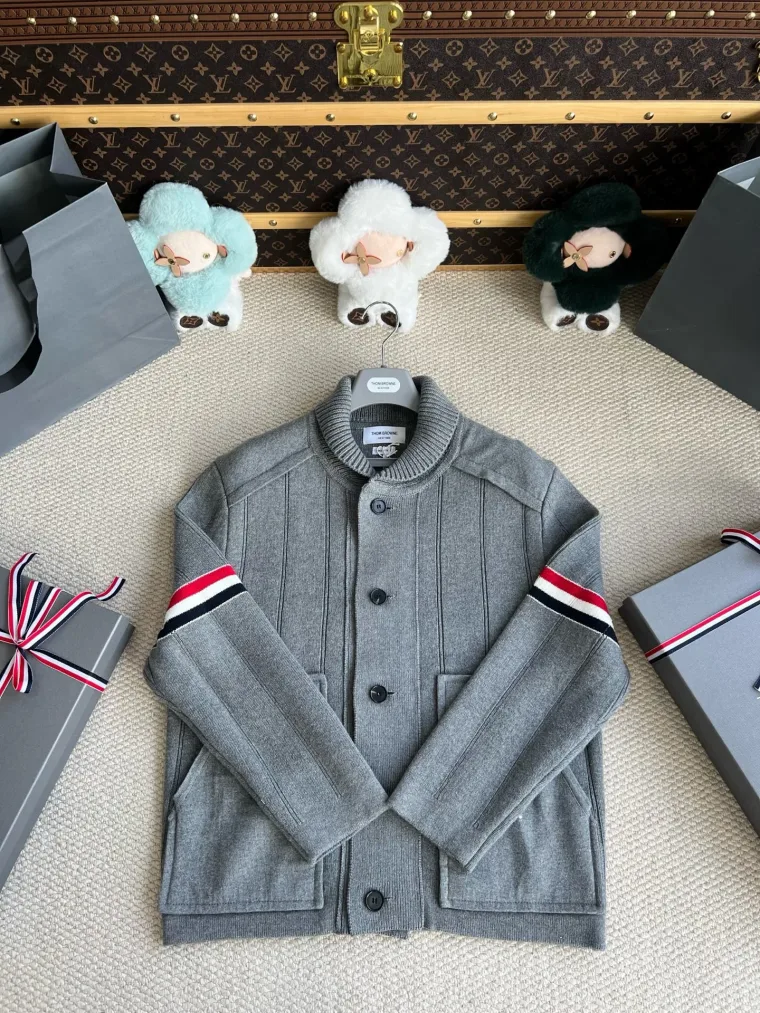 Thom Browne Серый кардиган фактурной вязки с фирменными полосками