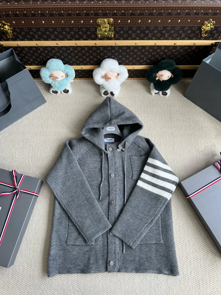 Thom Browne Серый шерстяной кардиган с капюшоном и полосками 4-Bar
