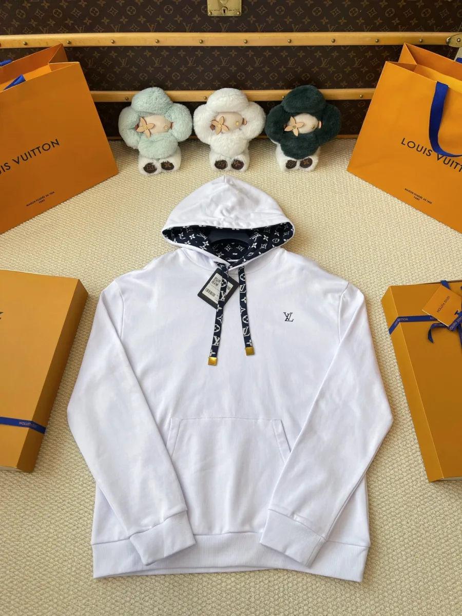 Белое худи с капюшоном и шнурками с узором Monogram, вид спереди