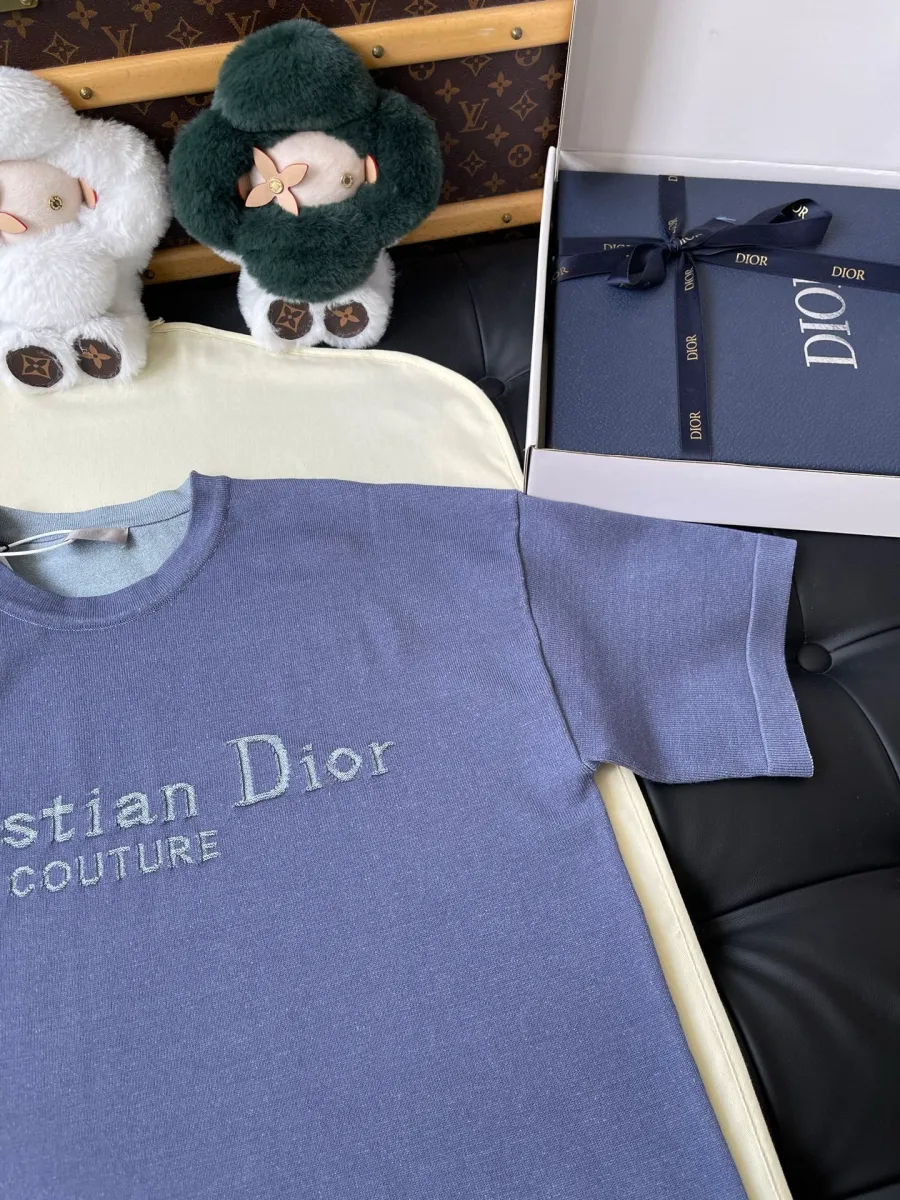Вид сзади синей футболки Dior прямого кроя