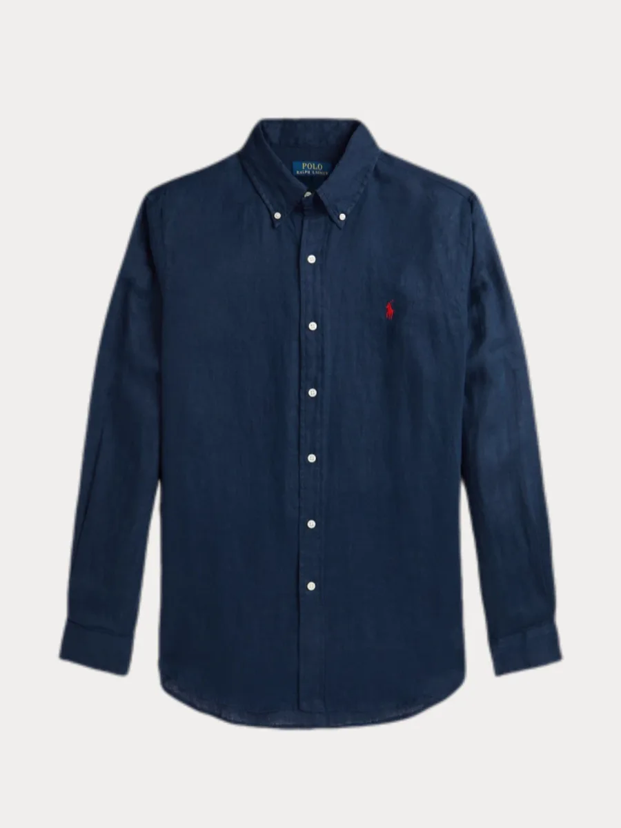 Тёмно-синяя льняная мужская рубашка с воротником button-down и вышивкой на груди