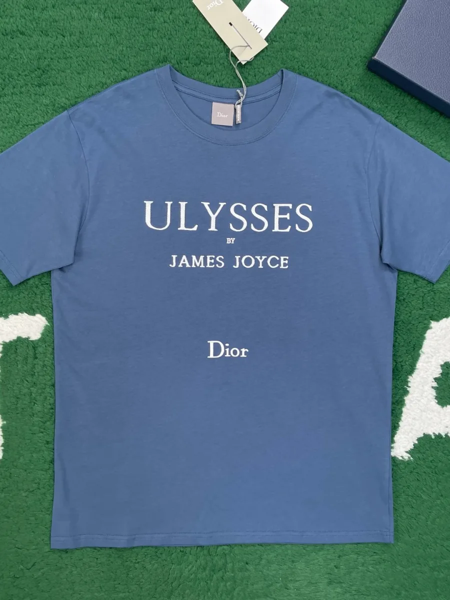 Синяя хлопковая футболка свободного кроя с белой вышивкой Ulysses и логотипом Dior, вид спереди