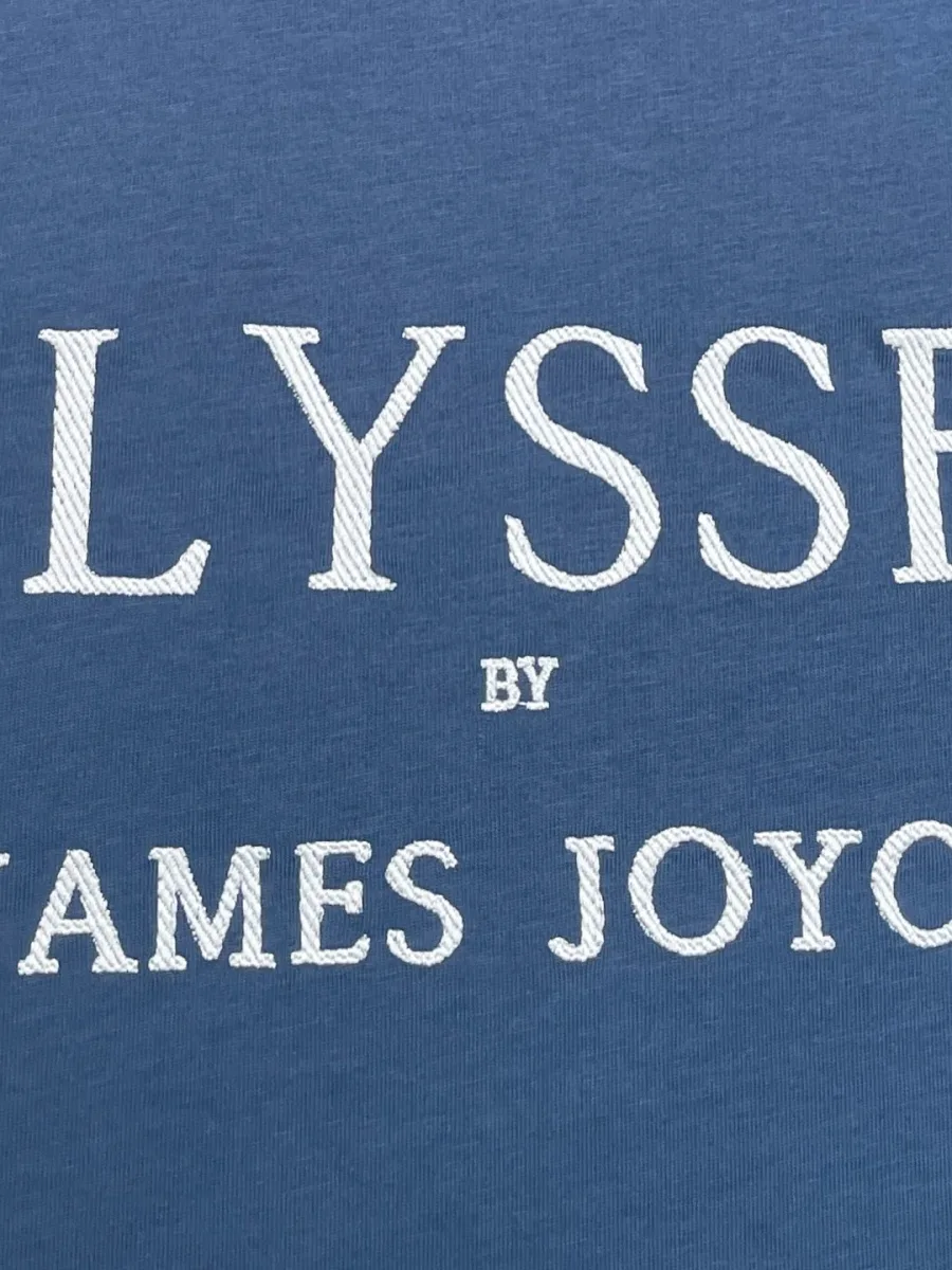 Фрагмент вышивки белыми нитями Ulysses by James Joyce на синей ткани