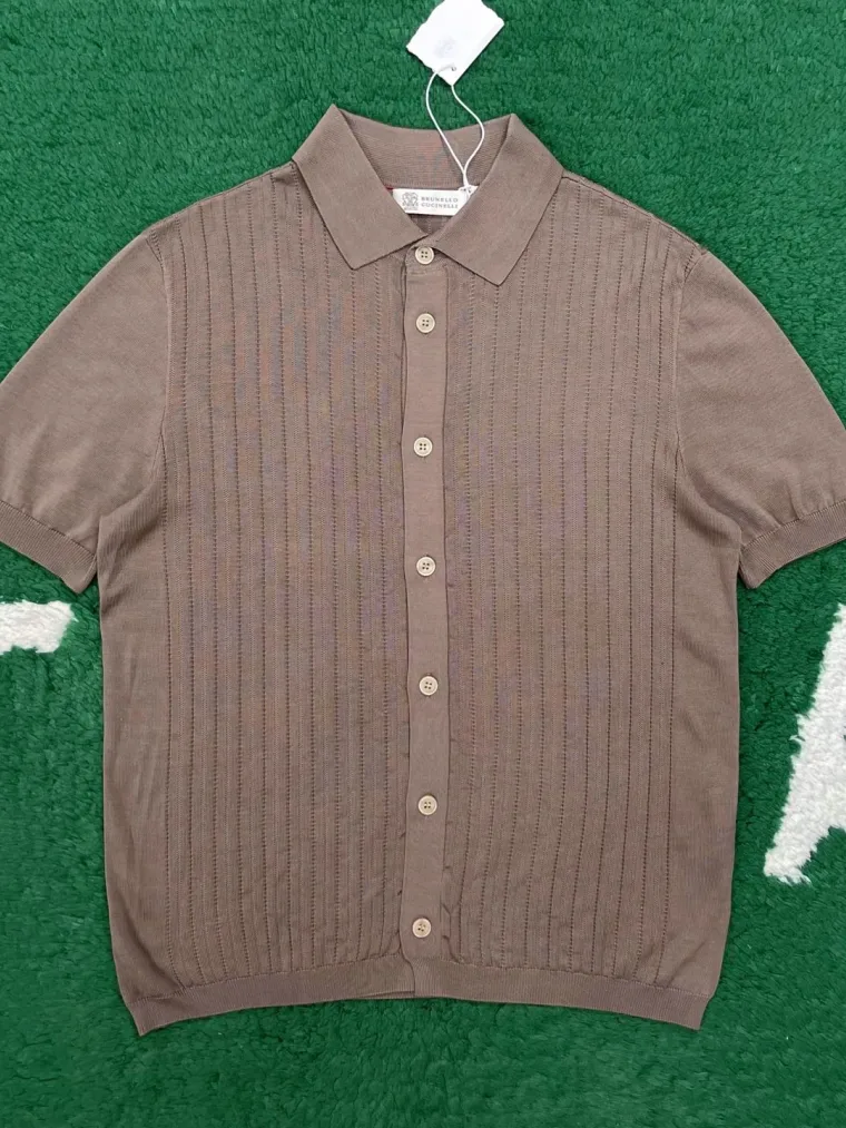 Brunello Cucinelli Коричневая трикотажная рубашка с коротким рукавом