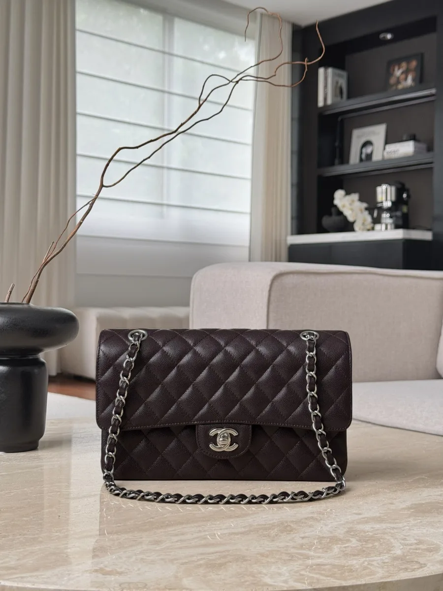 Коричневая сумка Chanel Classic Flap 25 на цепочке, вид спереди