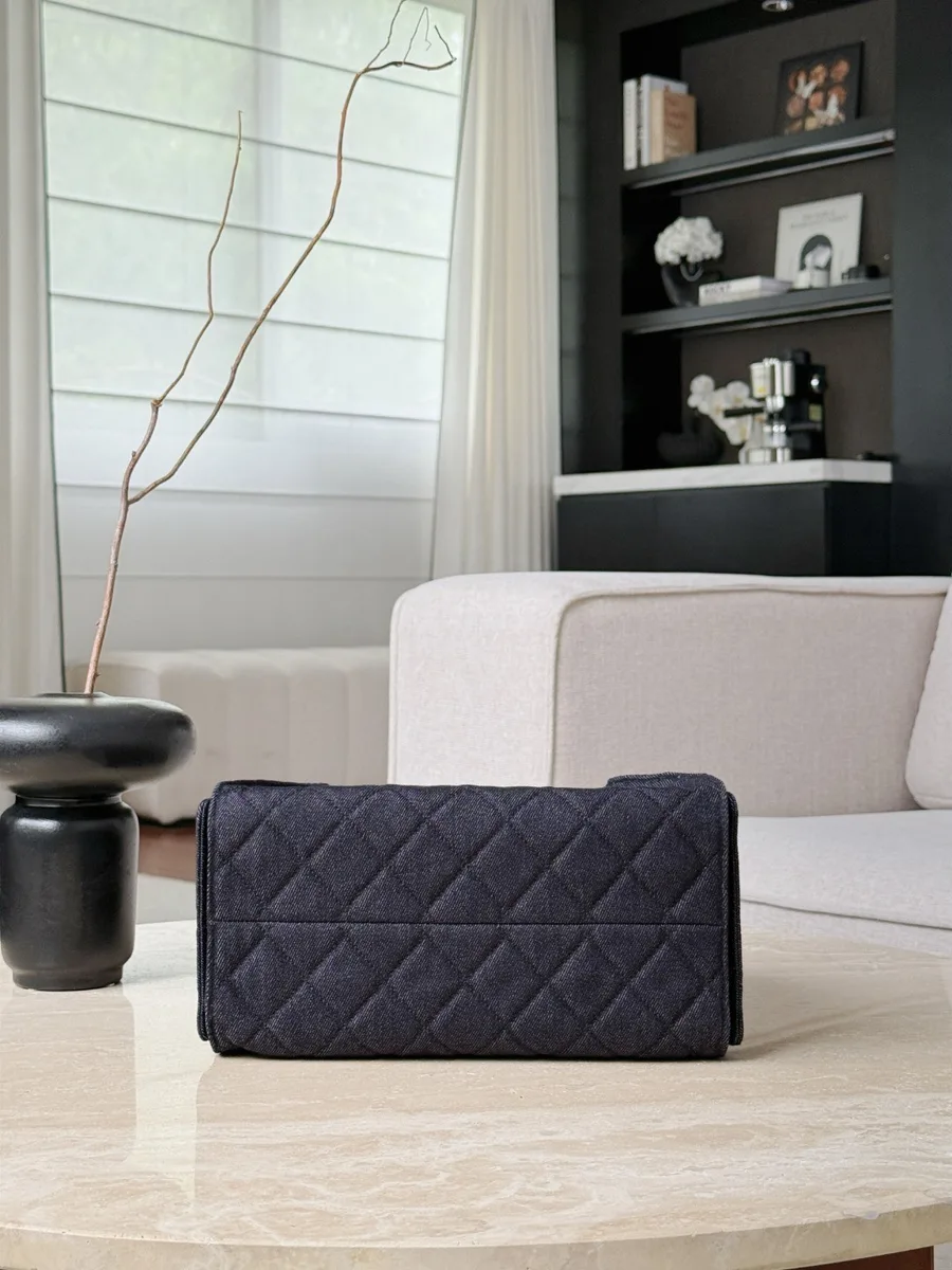 Нижняя часть синей джинсовой сумки Chanel со стеганым узором