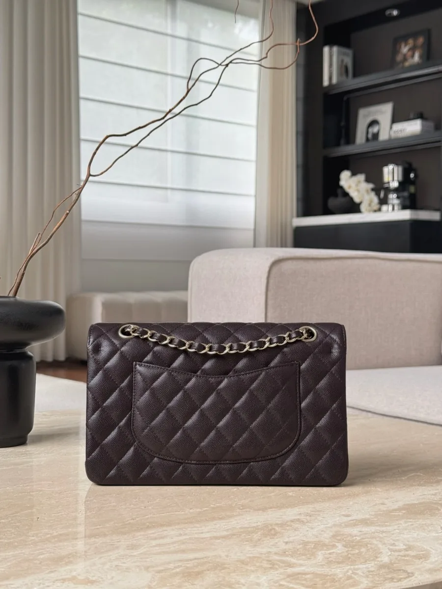 Задняя сторона коричневой сумки Classic Flap 25 с накладным карманом