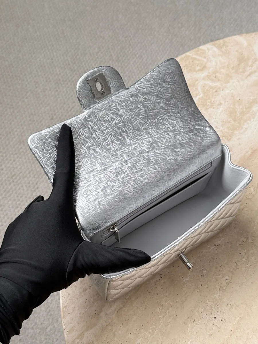 Открытая серебристая сумка Mini Handle Bag, вид на внутреннее отделение