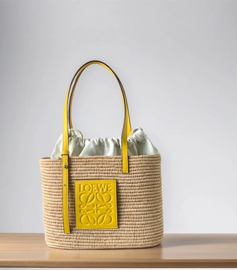 Плетёная сумка Loewe Square Basket бежевого цвета с жёлтыми кожаными ручками и патчем Anagram
