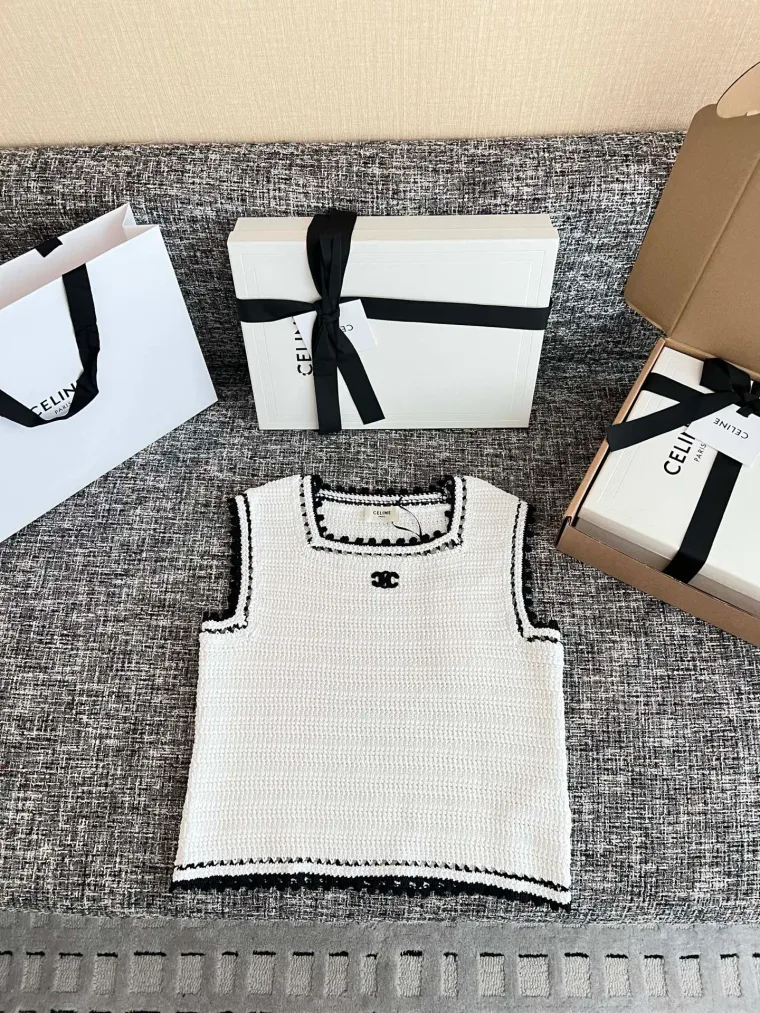 Celine Белый вязаный топ кроше с контрастной отделкой