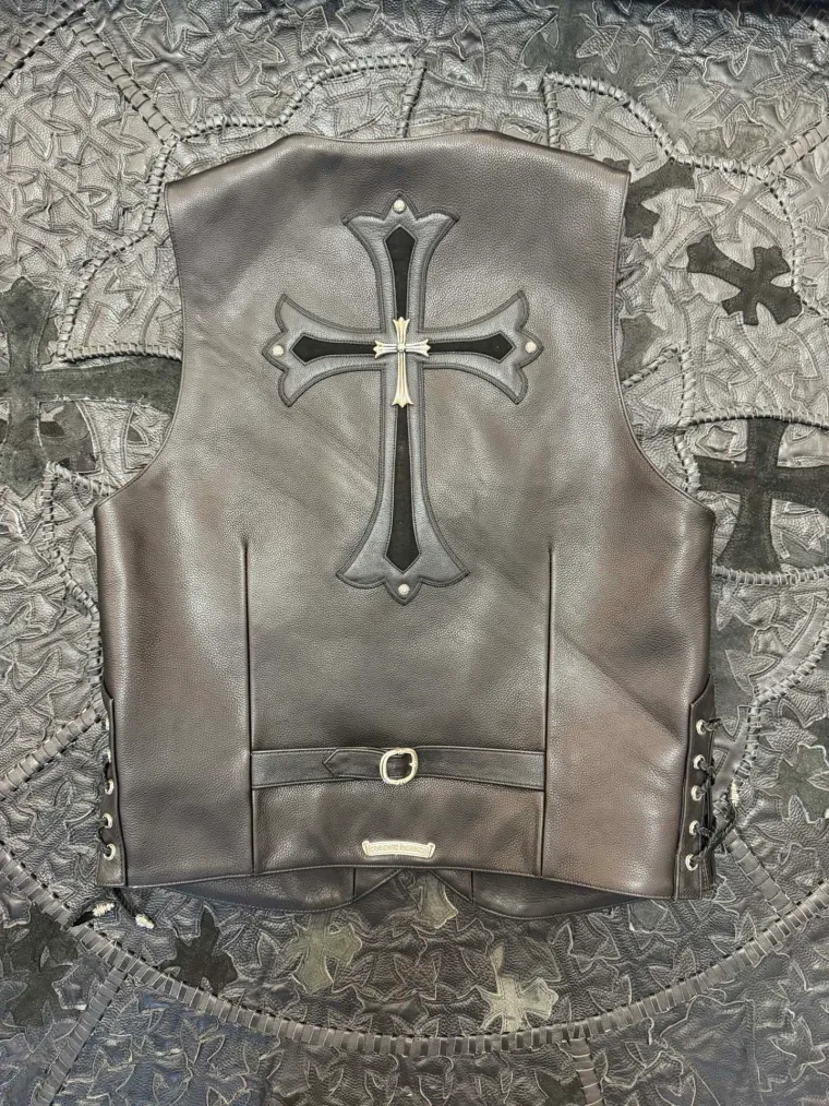 Chrome Hearts Чёрный кожаный жилет с крестом